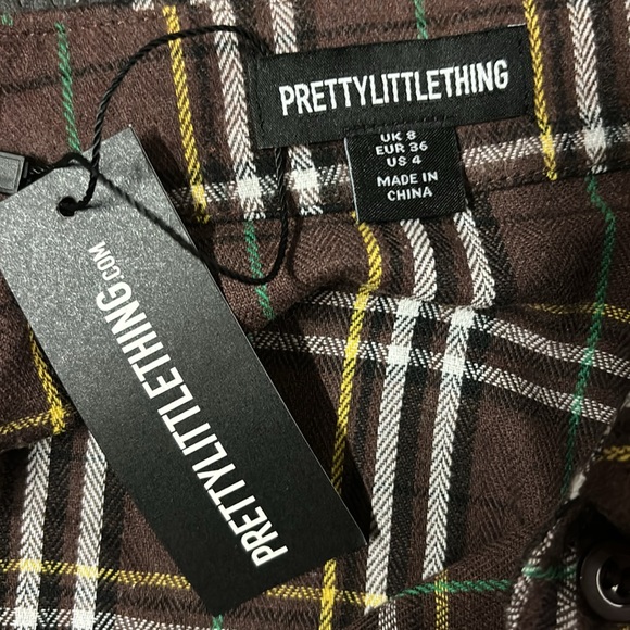 PrettyLittleThing Brown Checked Pocket Oversized Long Sleeve Plaid Shirt Size 4 - Picture 3 of 7